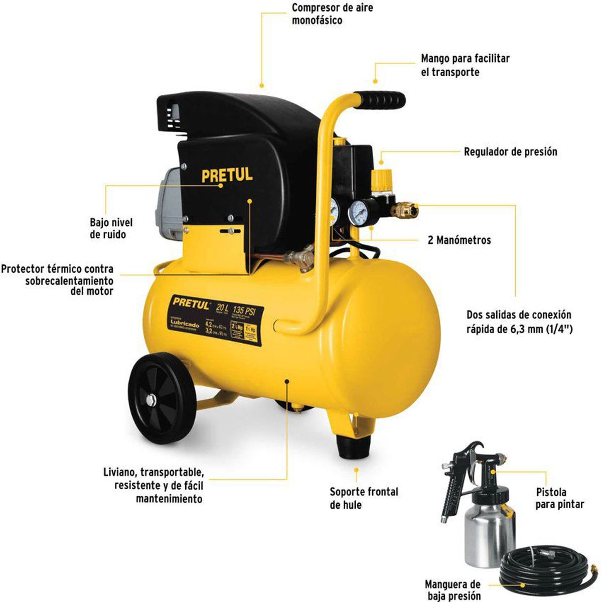 PRETUL - Compresor de aire 20 litros + manguera + pistola de pintar pretul