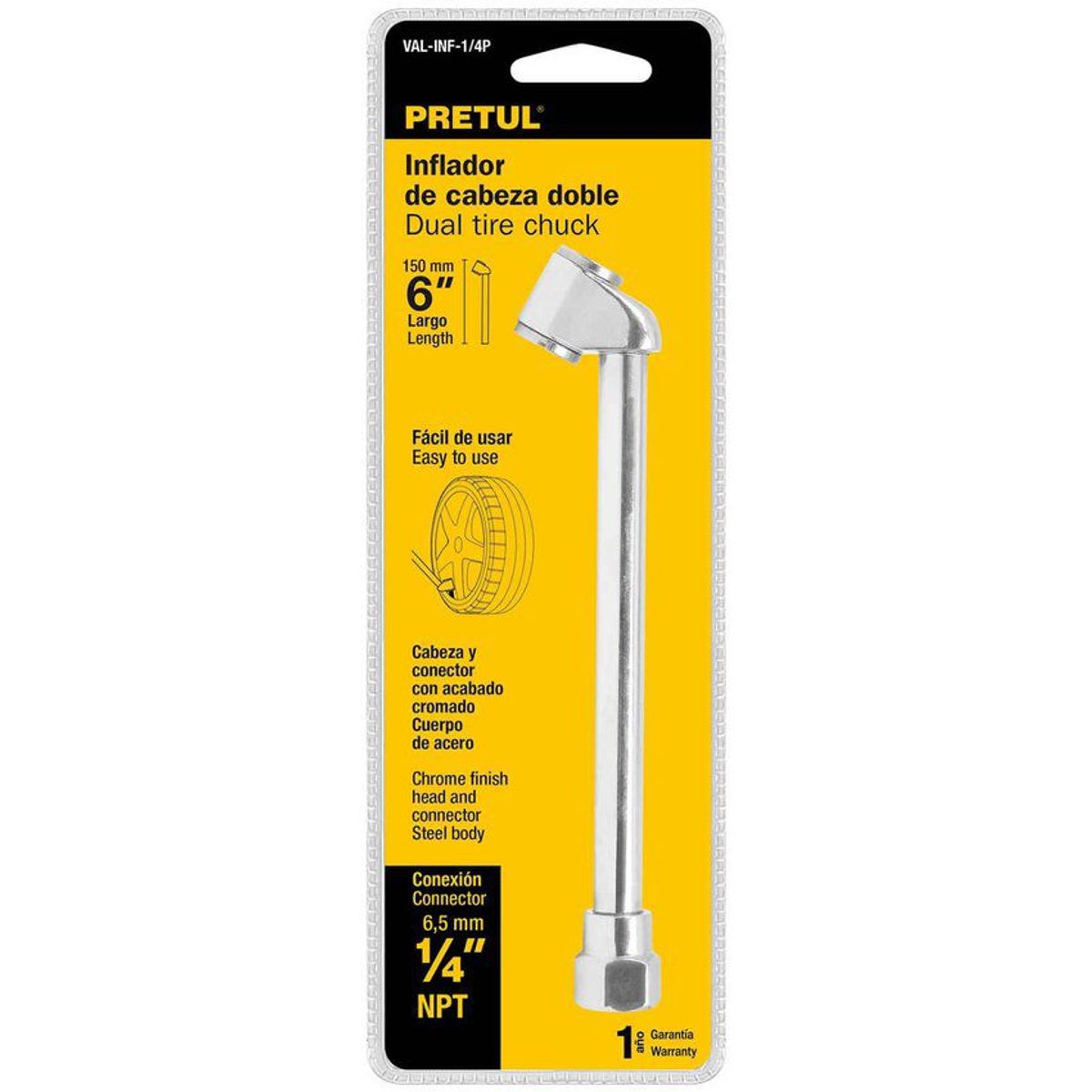 PRETUL - Inflador De Llantas Metálico, Rosca 1/4 Npt Con Cabeza Doble Pretul