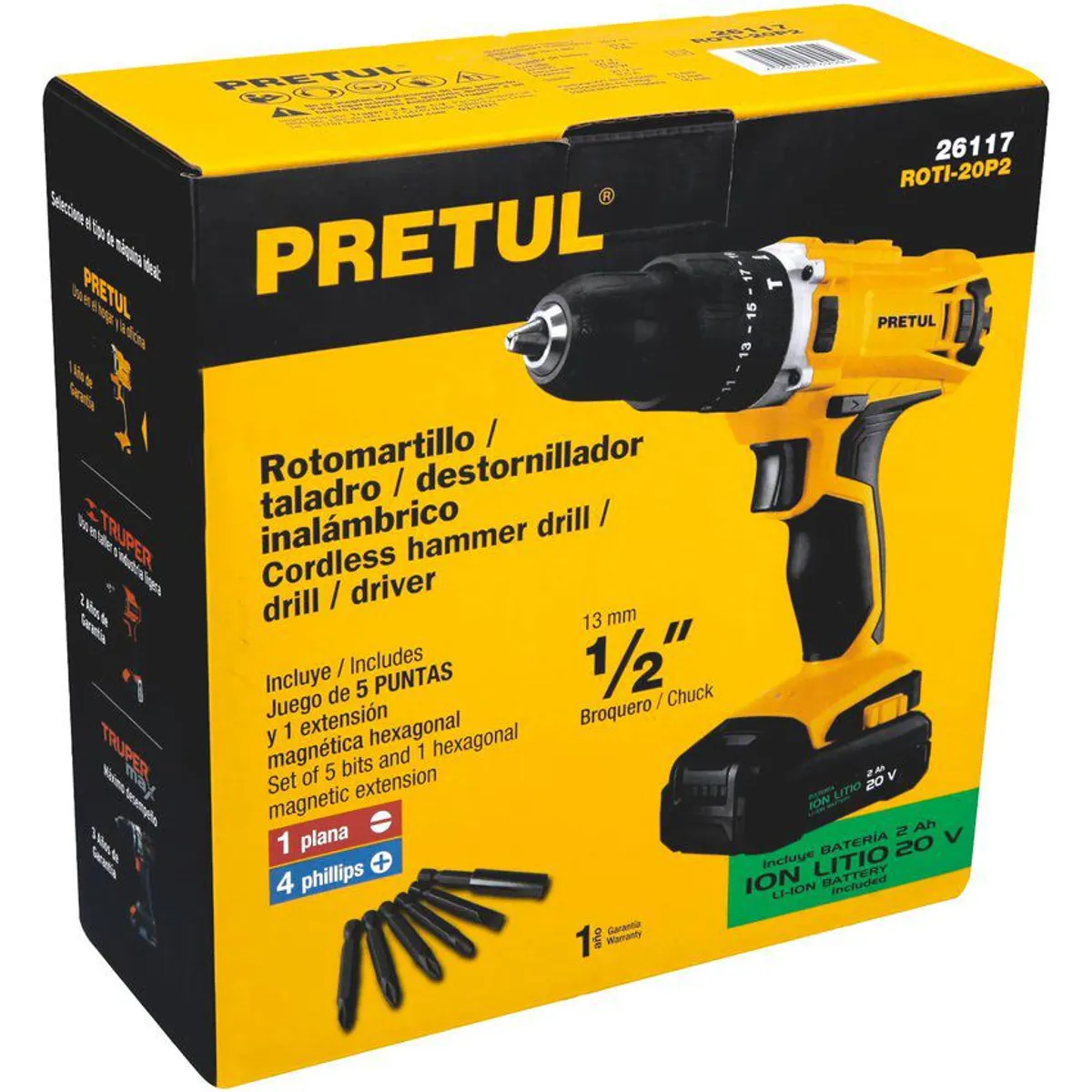 PRETUL - Taladro Percutor Inalámbrico De 1/2", Torque 33 Nm, 20 V Pretul
