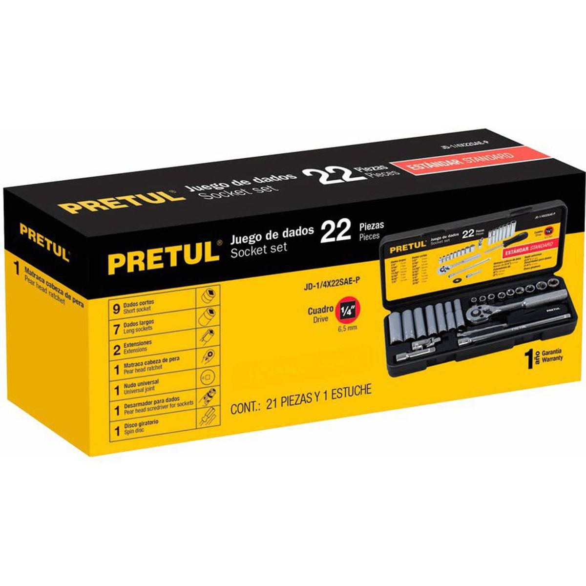 PRETUL - Juego De Copas En Pulgadas Con 22 Piezas, Cuadrante De 1/4" Pretul