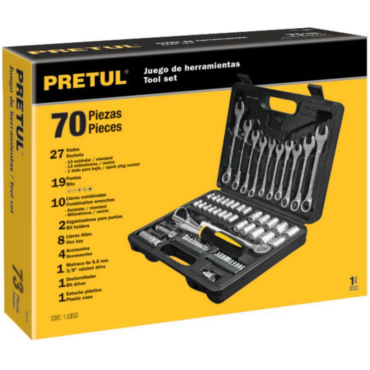 PRETUL - Juego De Herramientas Con 70 Piezas, Cuadrante 1/4" Y 3/8" Pretul
