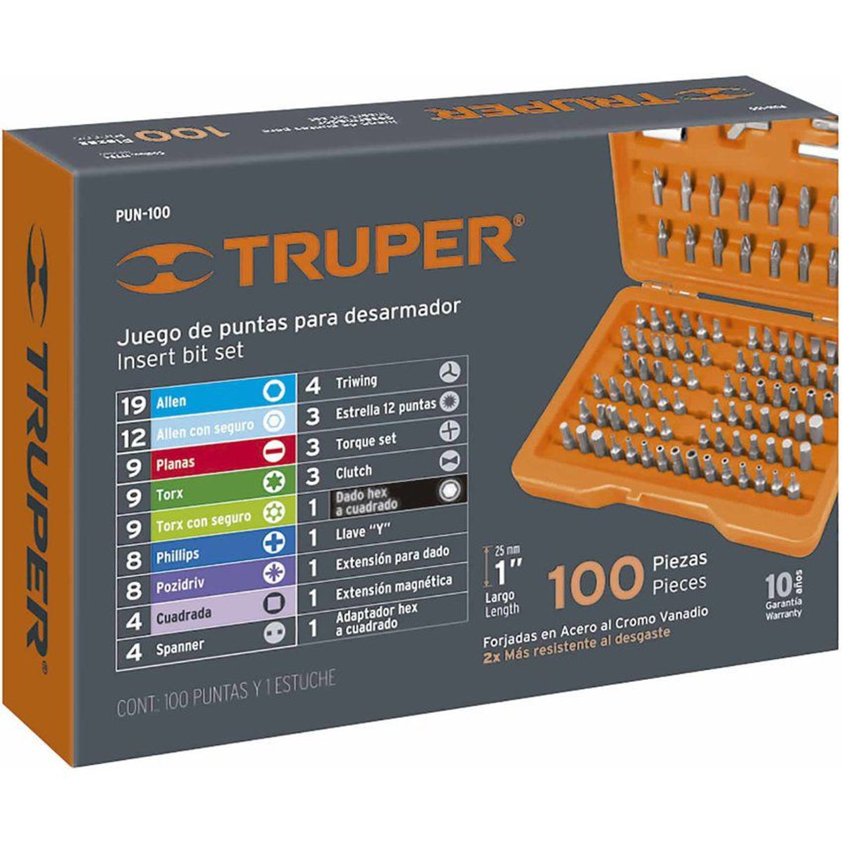 TRUPER - Juego De 100 Puntas De 1" Para Destornillador Y Taladro Truper