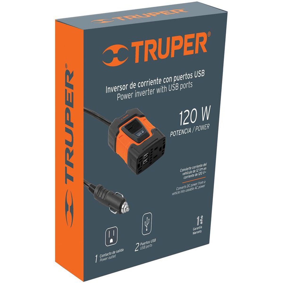 TRUPER - Inversor De Corriente 120 W Para Carro, Con Usb Y 1 Enchufe Truper