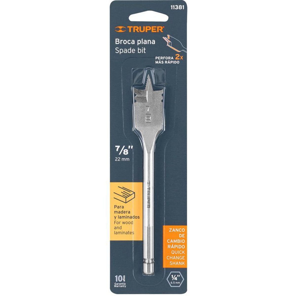 TRUPER - Broca Espada Para Madera De 7/8", Zanco Hexagonal 1/4" Truper