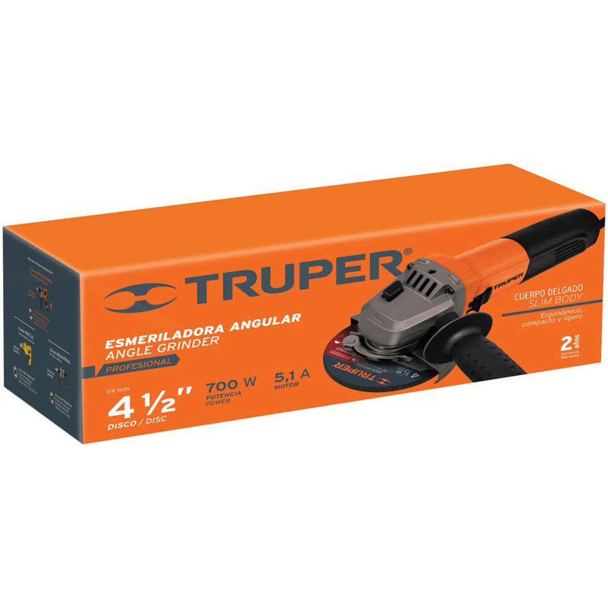 TRUPER - Pulidora Angular Profesional 4.1/2", 700 W Con Accesorios Truper