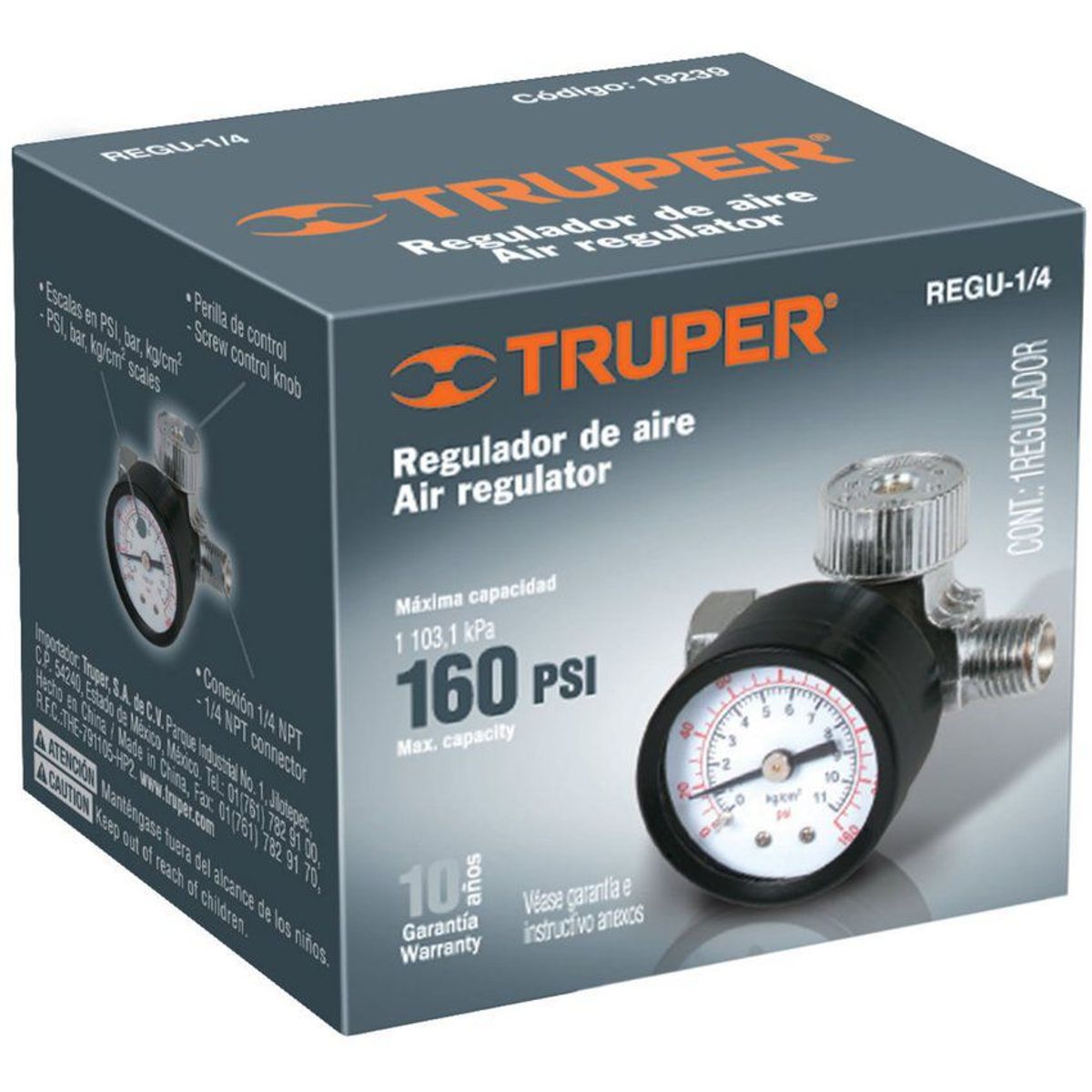 TRUPER - Regulador De Aire De 160 Psi Con Manómetro Para Compresor Truper