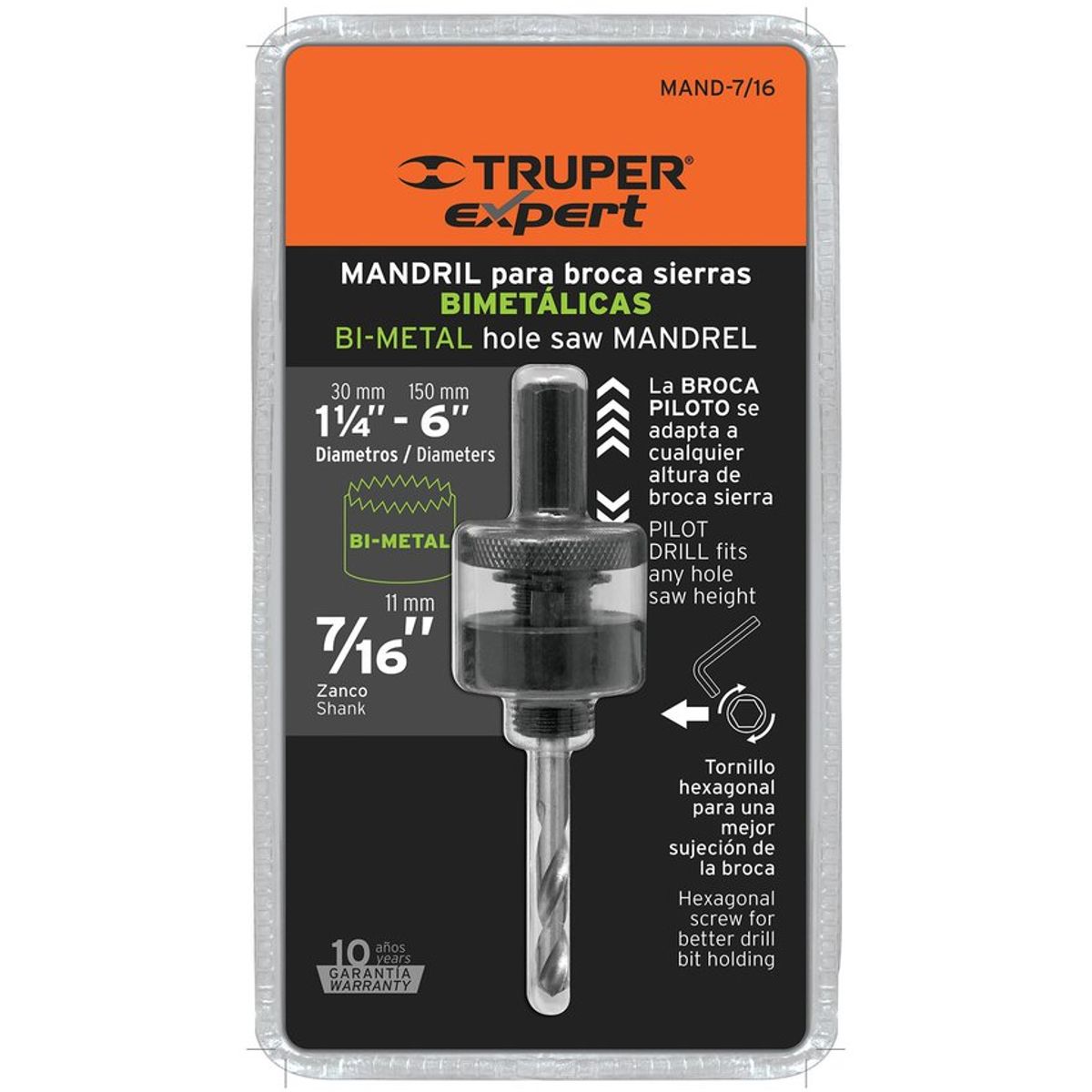 TRUPER - Mandril Para Sierra Copa Bimetálica, Zanco 7/16" Truper