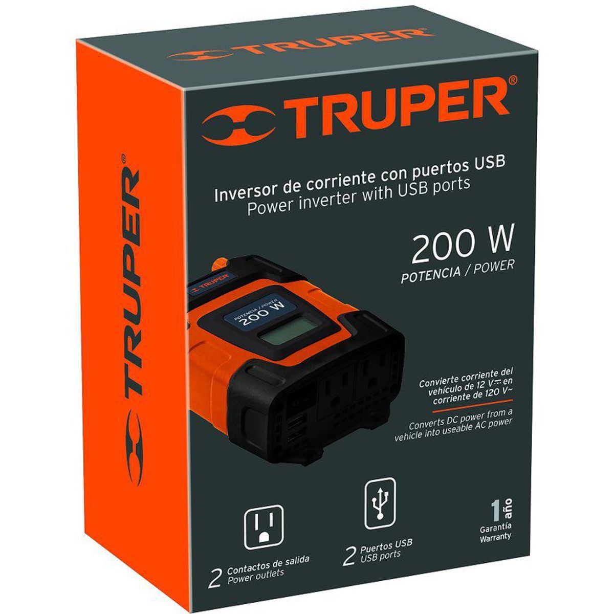 TRUPER - Inversor De Corriente 200 W Para Carro, Con Usb Y 2 Enchufes Truper