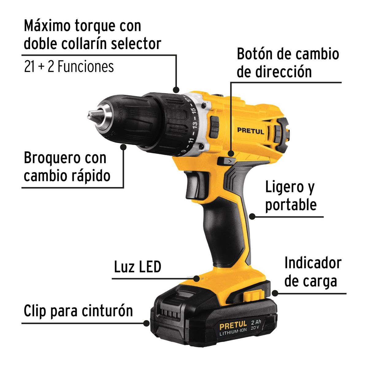 PRETUL - Taladro Inalámbrico De 1/2", Torque 33 Nm, 20 V + Accesorios Pretul
