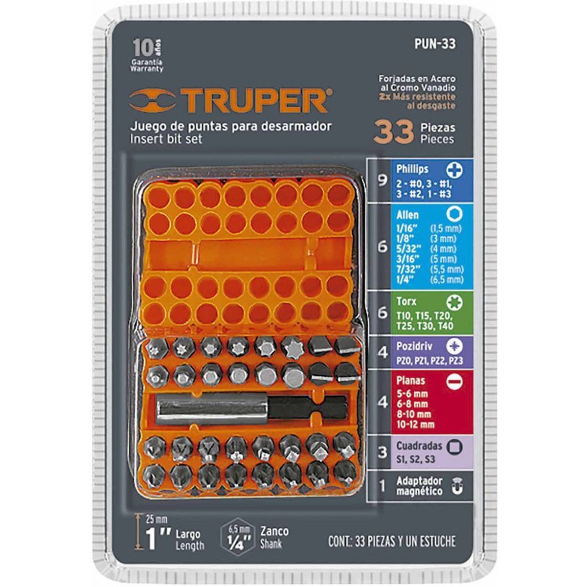 TRUPER - Juego De 33 Puntas De 1" Para Destornillador Y Taladro Truper