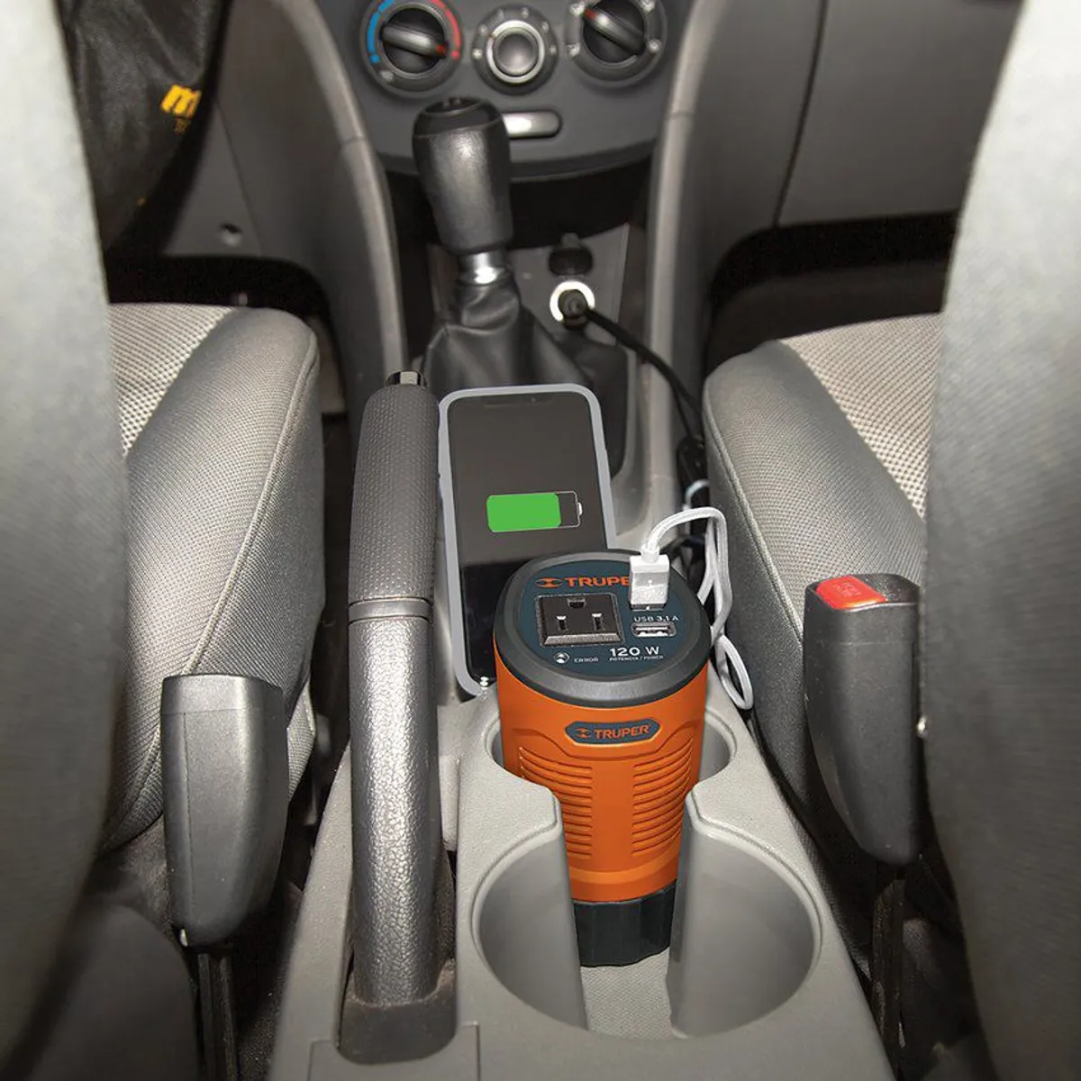 TRUPER - Inversor De Corriente Tipo Vaso De 120 W Con 1 Toma Y 2 Usb Truper