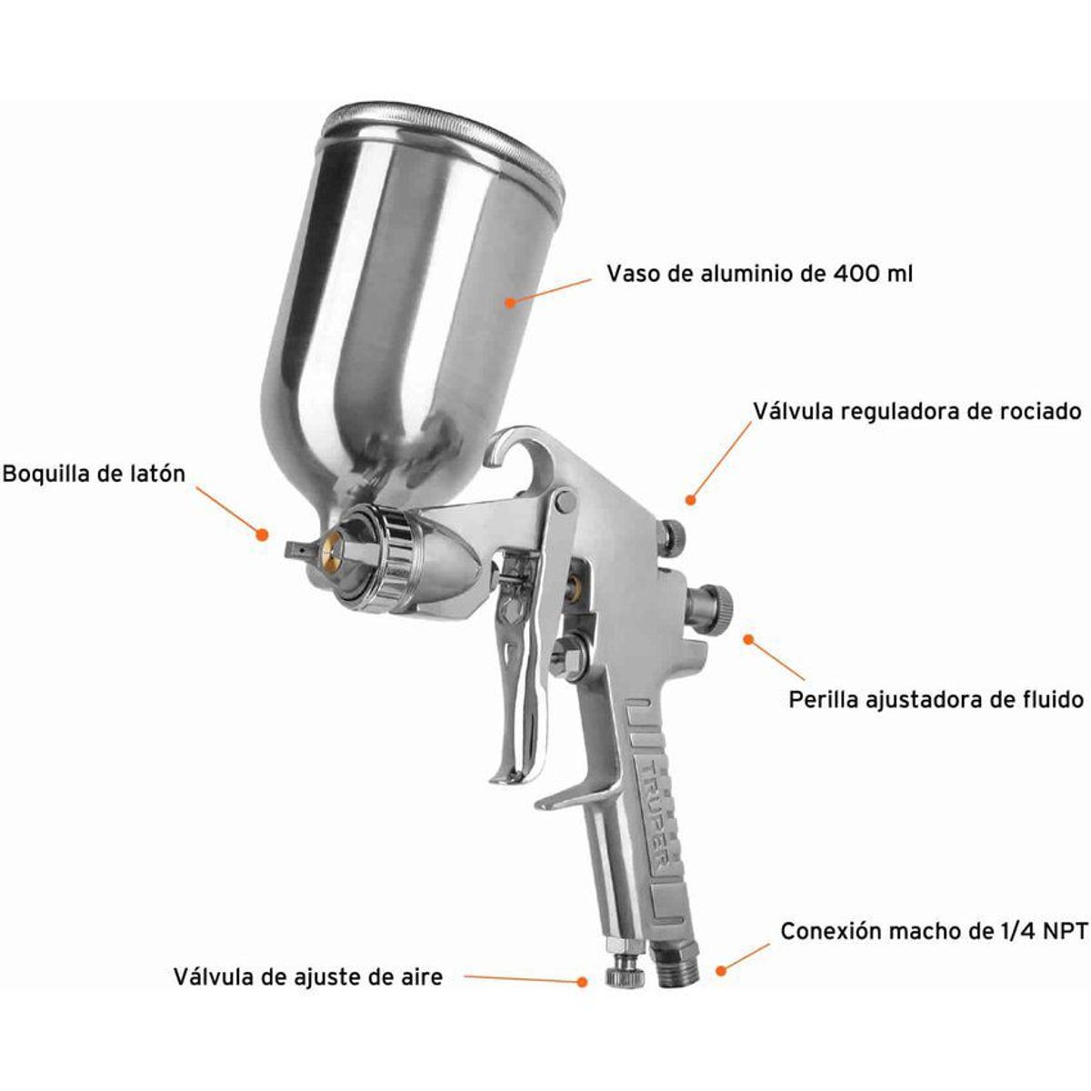 TRUPER - Pistola Para Pintar De Gravedad Lvmp 400 Ml, Boquilla 2.0 Mm Truper