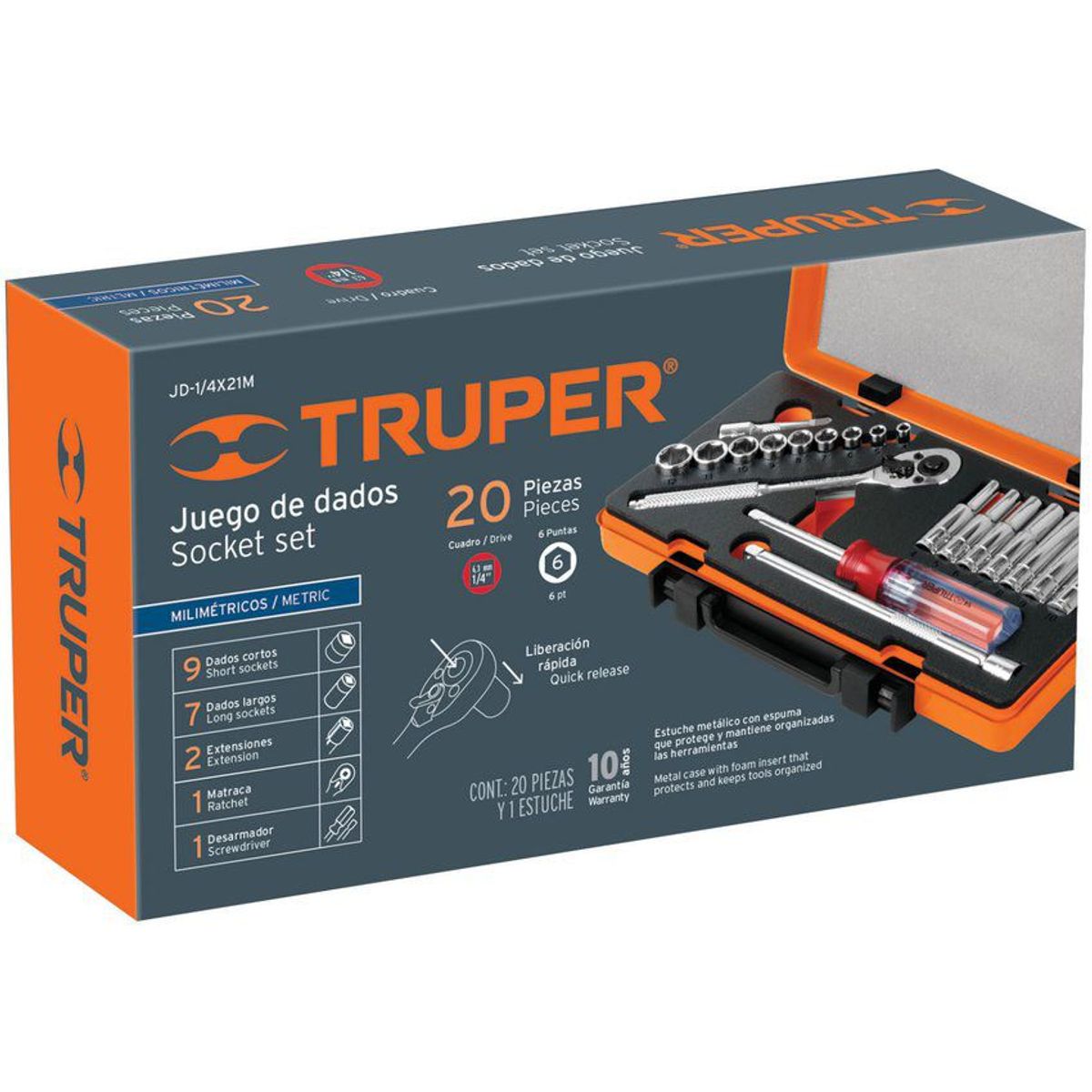 TRUPER - Juego De Copas Métricas Con 20 Piezas, Cuadrante De 1/4" Truper.