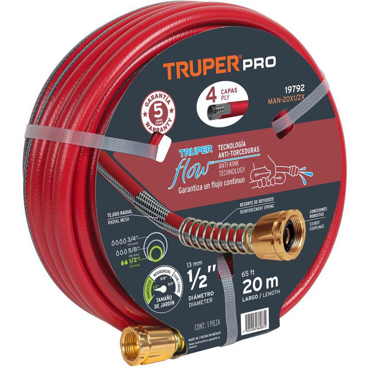 TRUPER - Manguera Súper Reforzada De 1/2", 4 Capas, 20 M Anti Fuga Truper