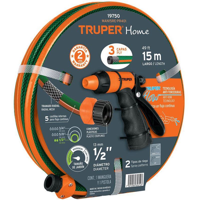 TRUPER - Set De Manguera Reforzada 15 M 3 Capas + Pistola De Riego Truper