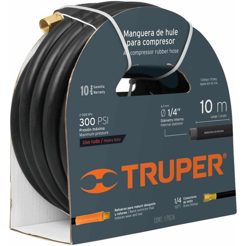 TRUPER - Manguera Para Compresor De Caucho 10 M, 1/4" Npt, 300 Psi Truper