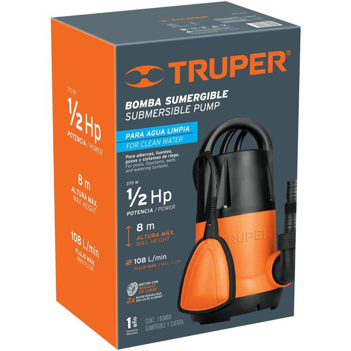TRUPER - Bomba Sumergible de 1/2 Hp Para Agua Limpia con Flotador Truper