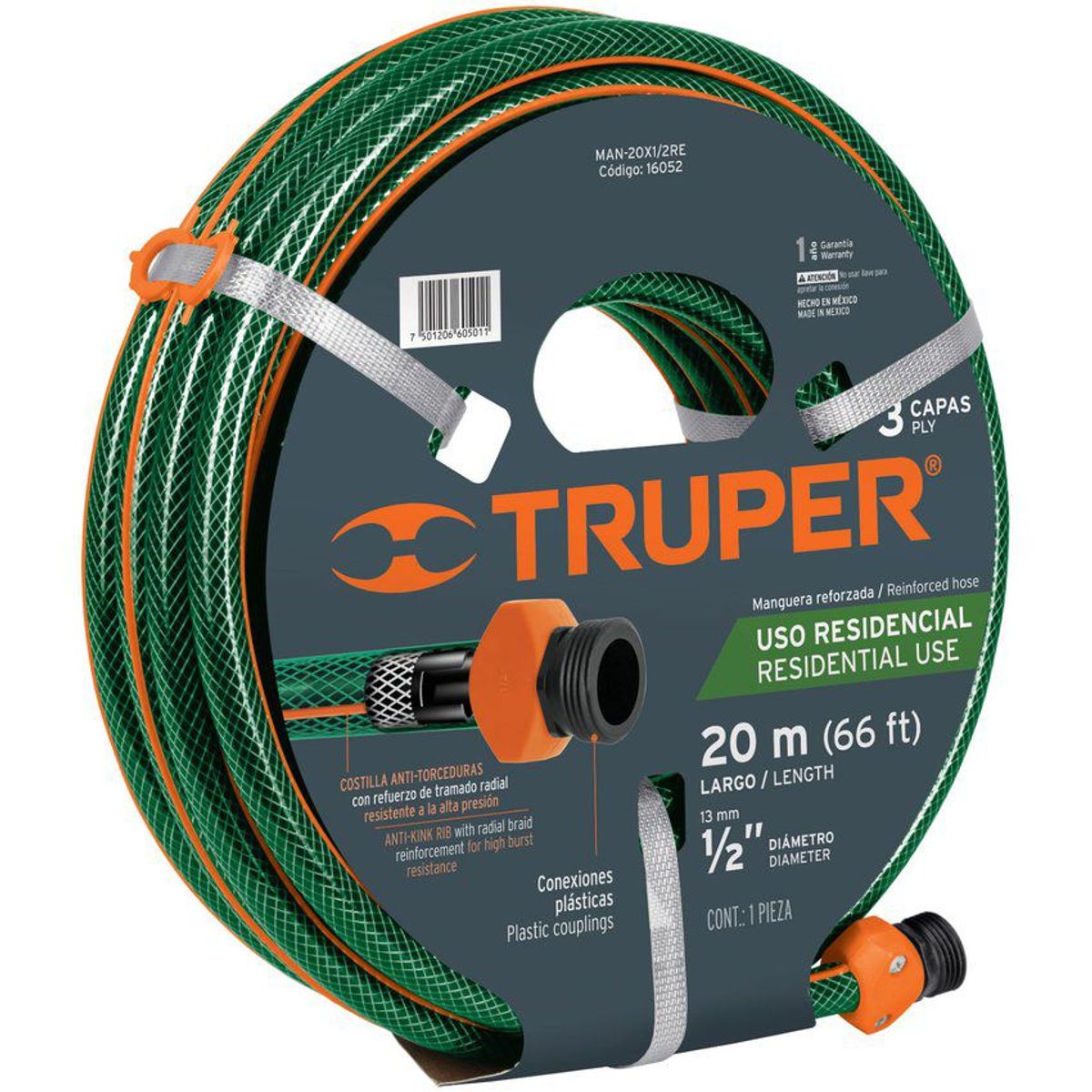 TRUPER - Manguera Reforzada Para Jardín De 1/2", 3 Capas, 20 Metros Truper