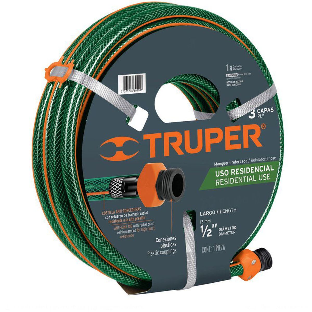 TRUPER - Manguera Reforzada Para Jardín De 1/2", 3 Capas, 10 Metros Truper