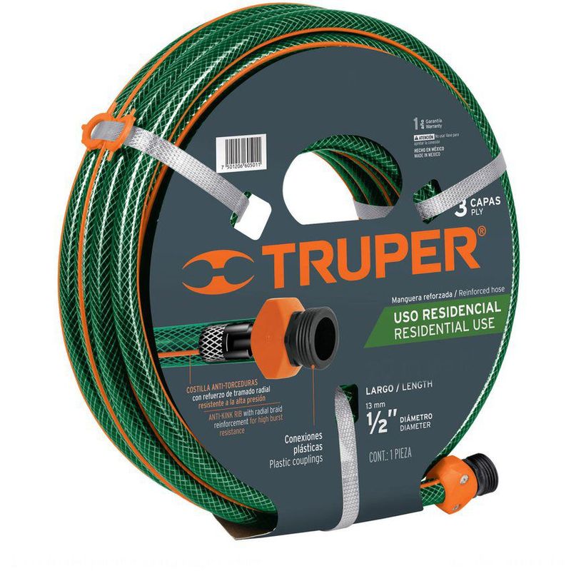 TRUPER - Manguera Reforzada Para Jardín De 1/2", 3 Capas, 10 Metros Truper