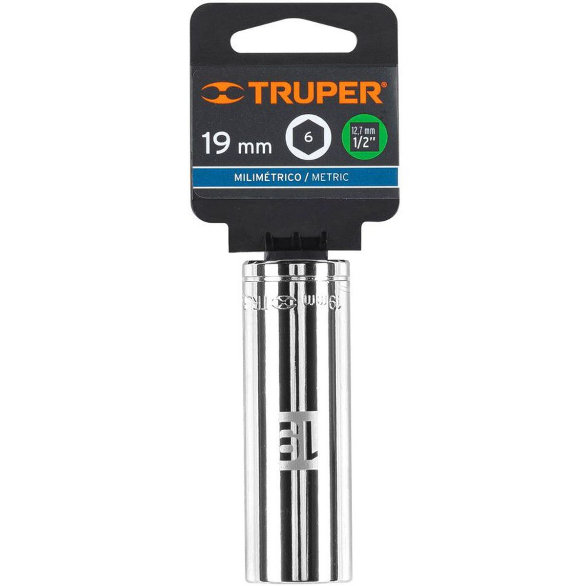 TRUPER - Copa Estándar Larga 19 Mm De 6 Puntas, Cuadrante De 1/2" Truper