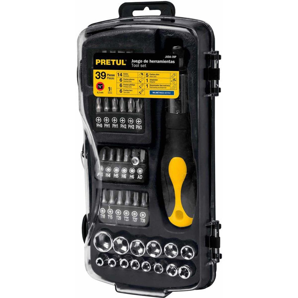 PRETUL - Juego De Copas, Ratchet Y Puntas 39 Piezas, Cuadrante 1/4" Pretul