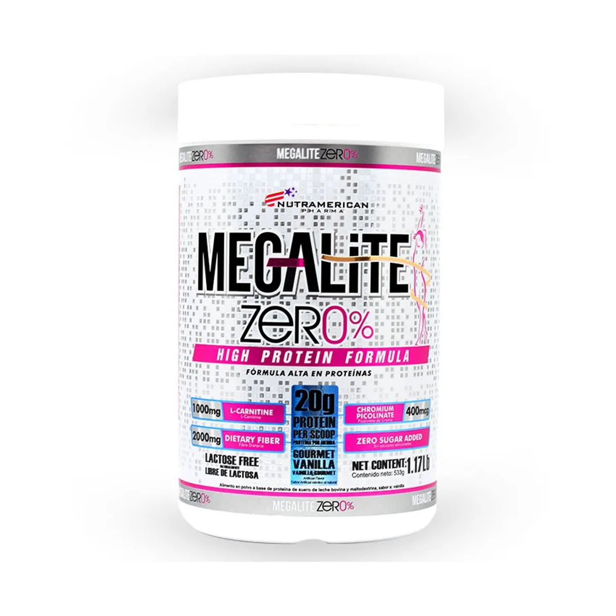 MEGAPLEX - Proteina Con L-Carnitina MEGA LITE ZERO Vainilla 1.17 lb 533 g