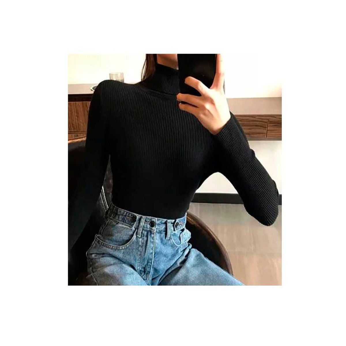 SYK - Buzo Cuello Tortuga Para Mujer Negro