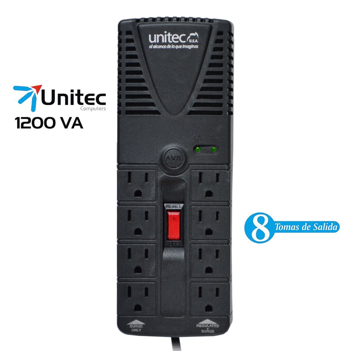 UNITEC - Regulador Automático Voltaje Unitec 1200va, 8 Tomas Protegidas U-1200