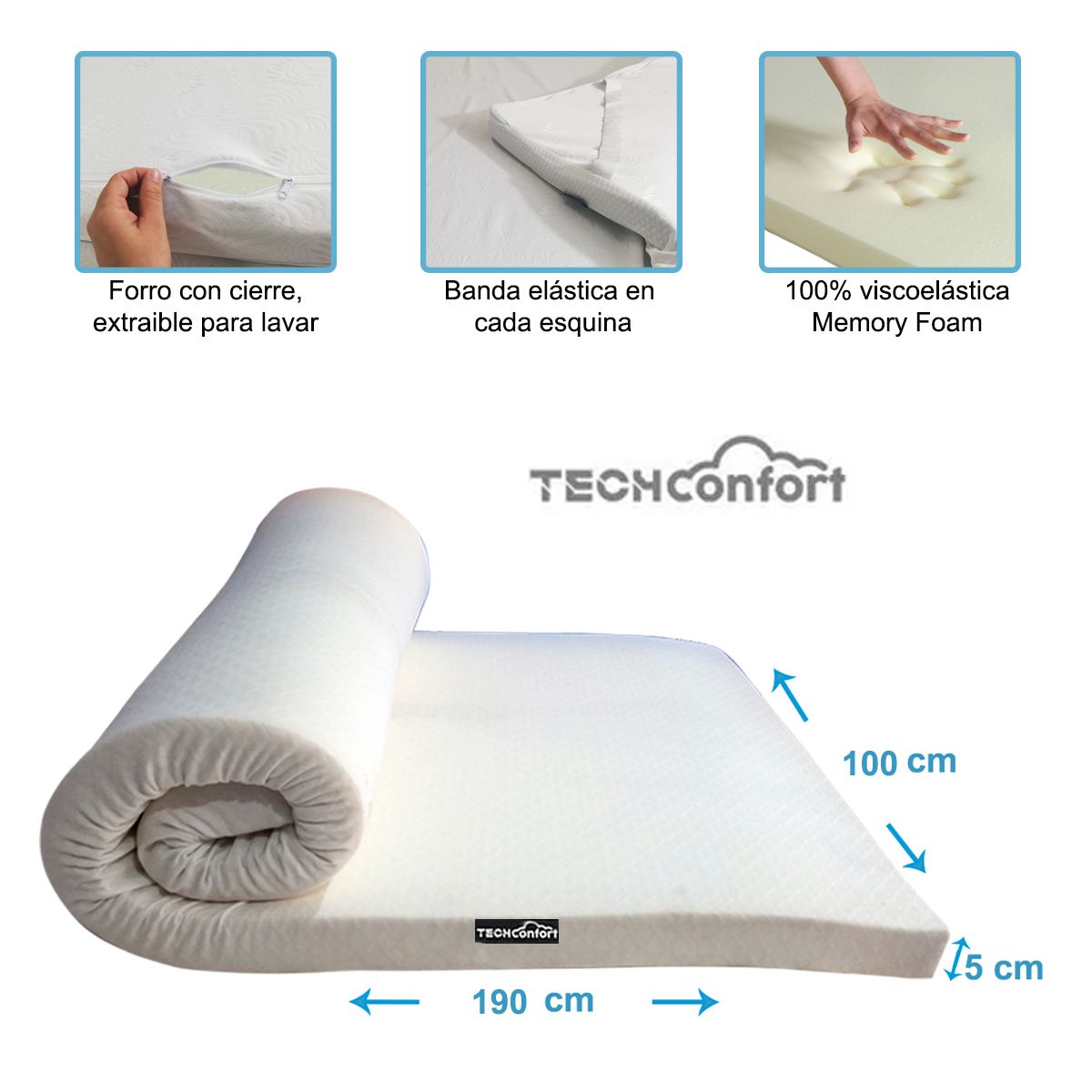 TECHCONFORT - Sobrecolchon Topper en viscoelástica memory tamaño sencillo 100x190cm