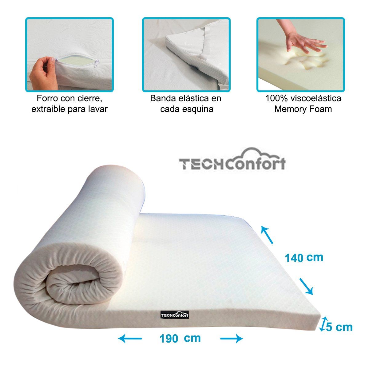 TECHCONFORT - Sobrecolchon Topper en viscoelástica memory tamaño Doble 140x190cm
