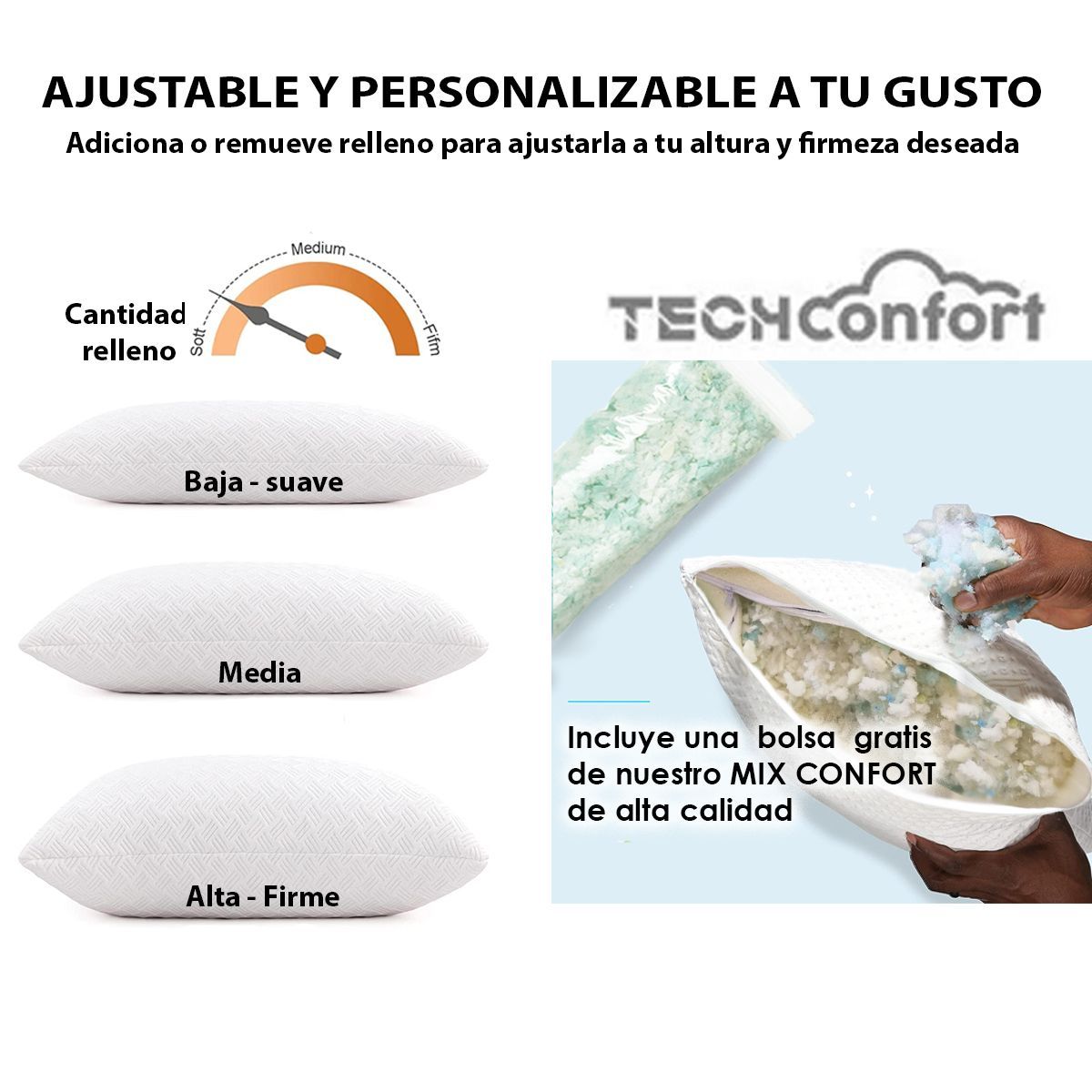 TECHCONFORT - Almohada Ajustable viscoelástica memory particulado personalizable