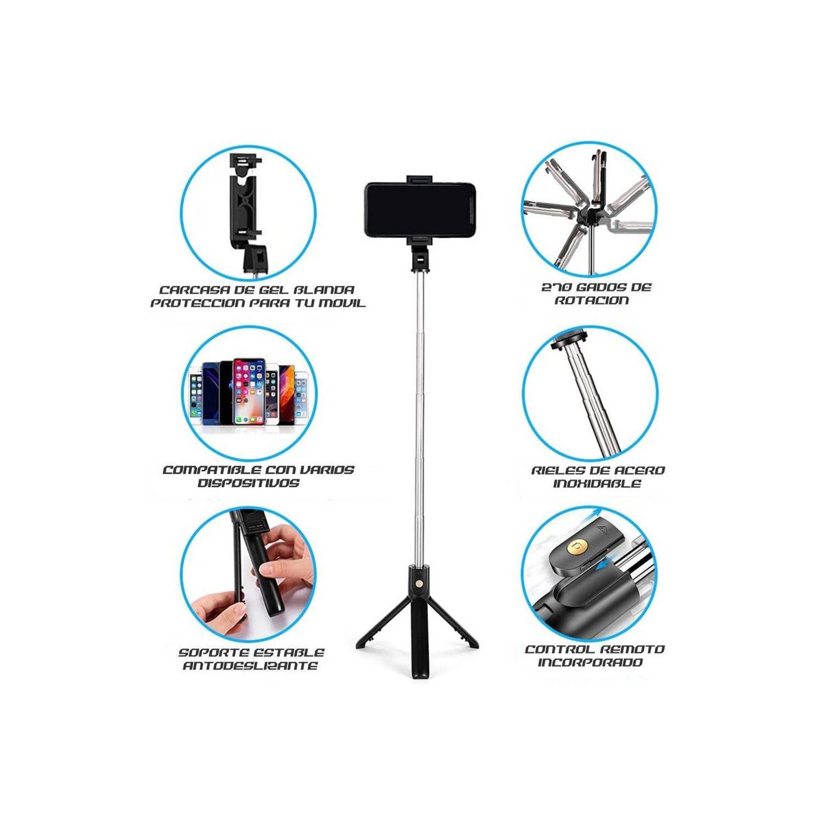 GENERICO - Selfie stick con control remoto bluetooth y base t