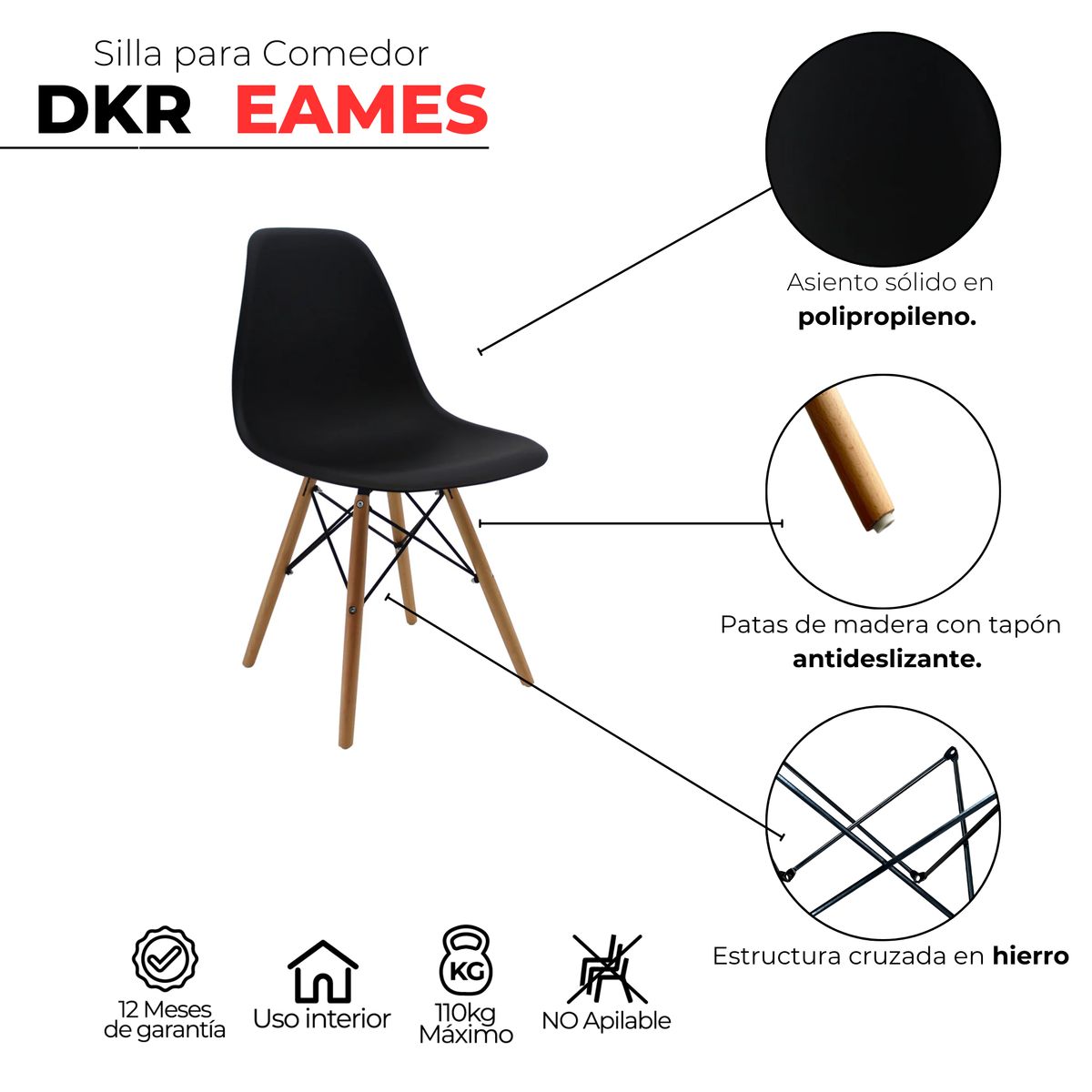 BOXBIT - Kit x4 Sillas DKR Tipo Eames Negras