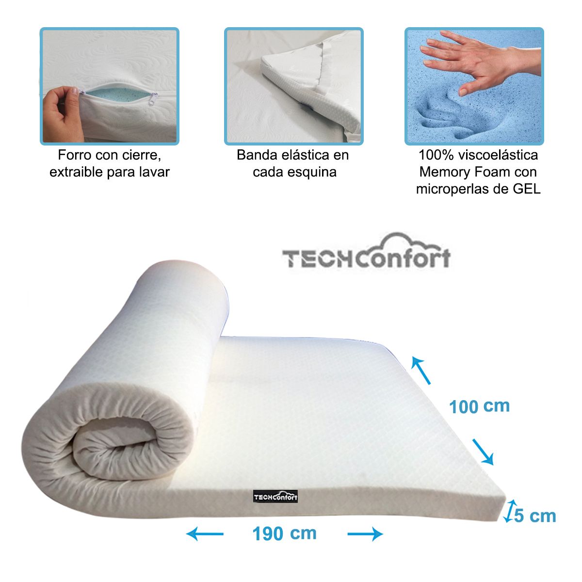 TECHCONFORT - Sobrecolchon viscoelástica Memory GEL microperlas Gel tamaño Sencillo