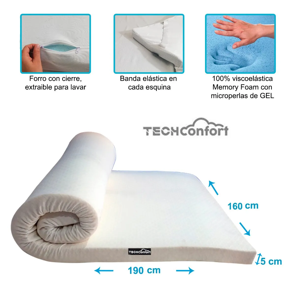 TECHCONFORT - Sobrecolchón viscoelastica Memory GEL microperlas de Gel tamaño Queen