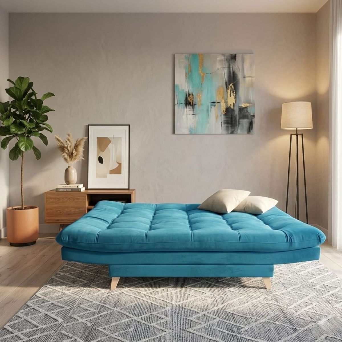 ACQUA MUEBLERIA - Sofá Cama 3 Puestos Tela Turquesa + 2 Cojines Decorativos