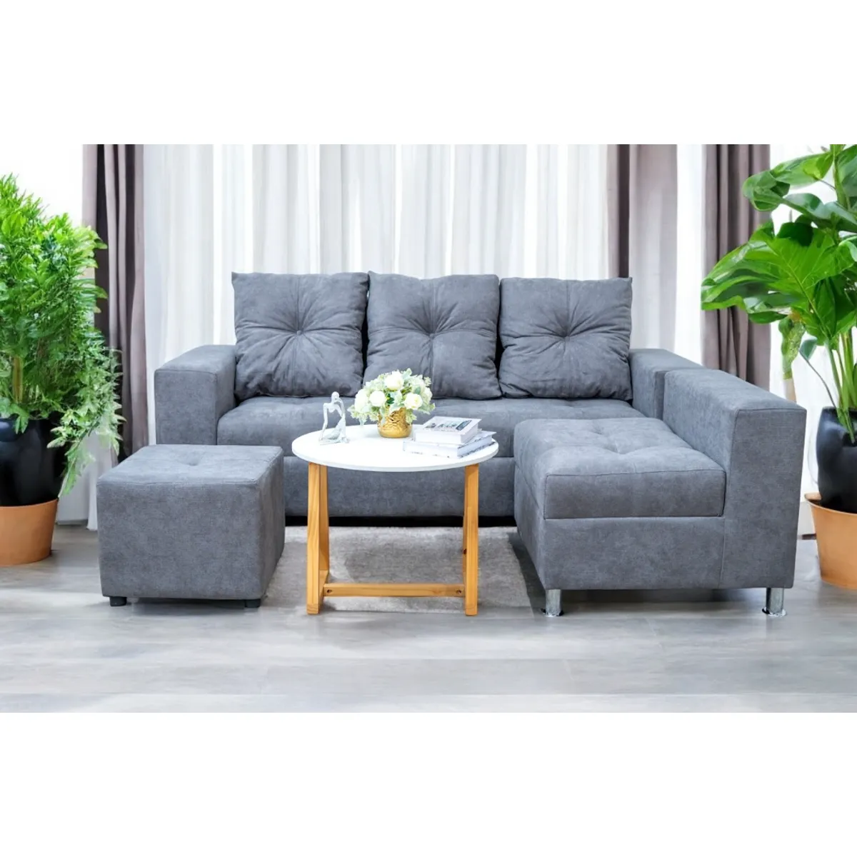 ACQUA MUEBLERIA - Juego De Sala L Napoles Gris + Cojines + Puff