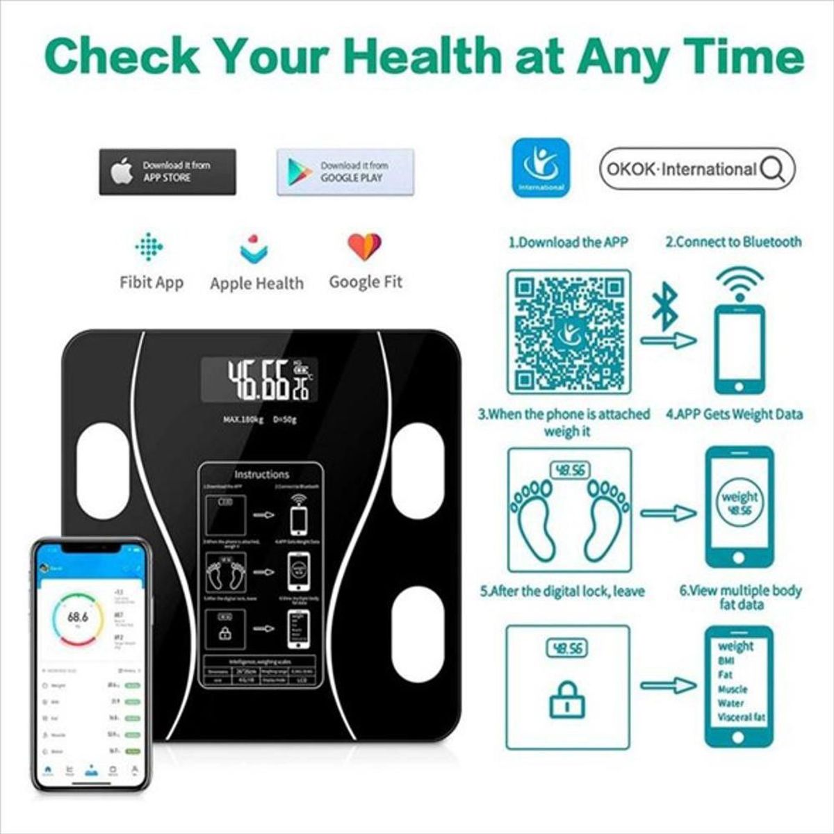 GENERICO - Bascula Inteligente Bluetooth Digital Vidrio Templado