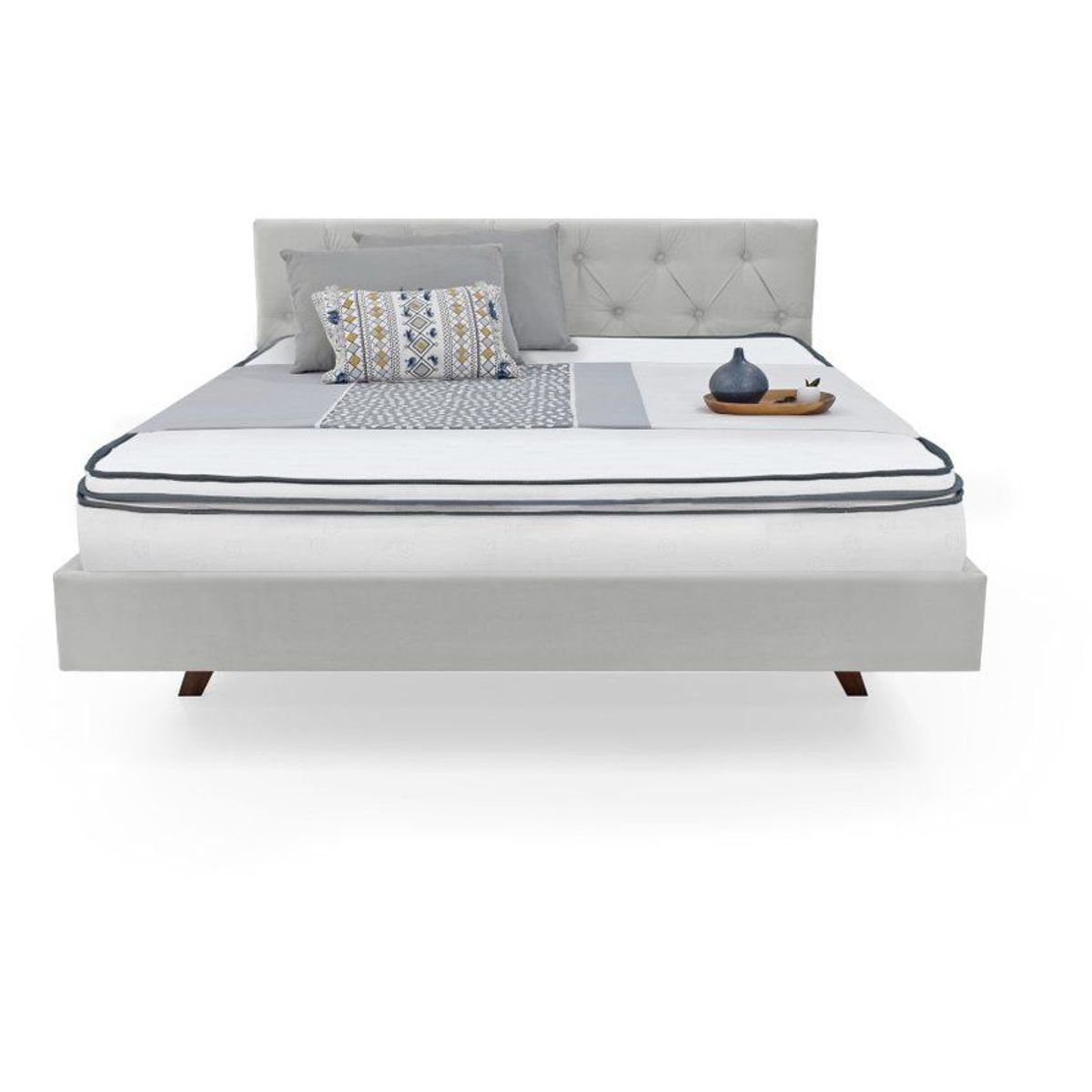 VENECIA - Cama Virginia Queen Tela Plata y Colchón Bruselas