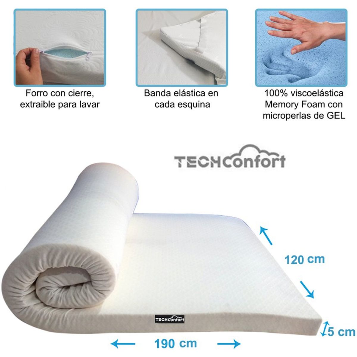 TECHCONFORT - Sobrecolchon topper en gel y viscoelástica tamaño 120x190 semidoble