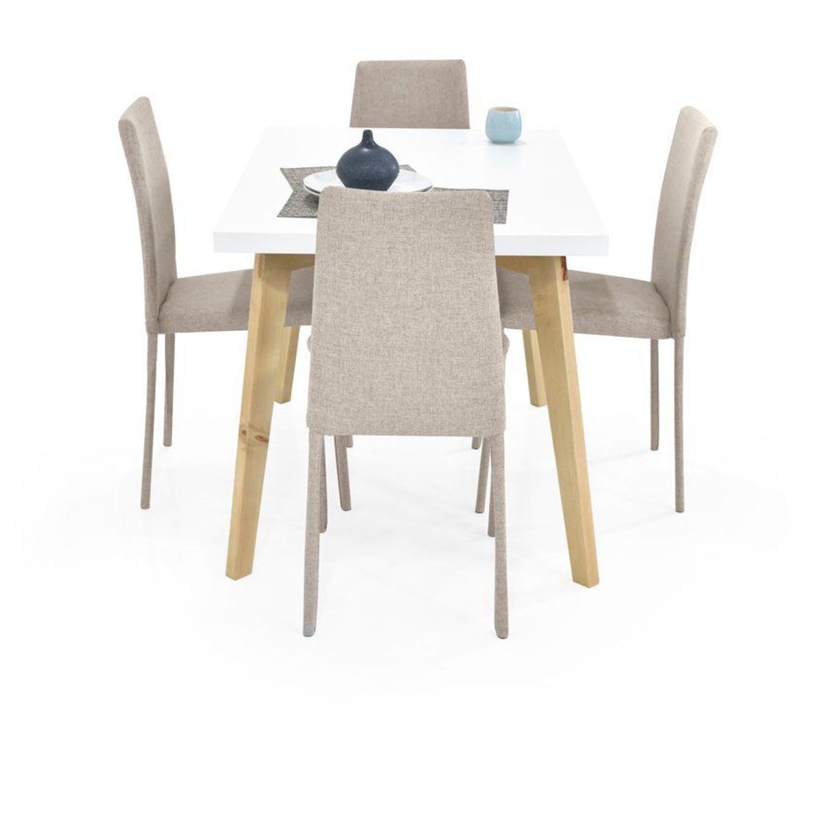 VENECIA - Comedor 4 Puestos Lugo Matiz con Sillas Lyon en Tela Beige.