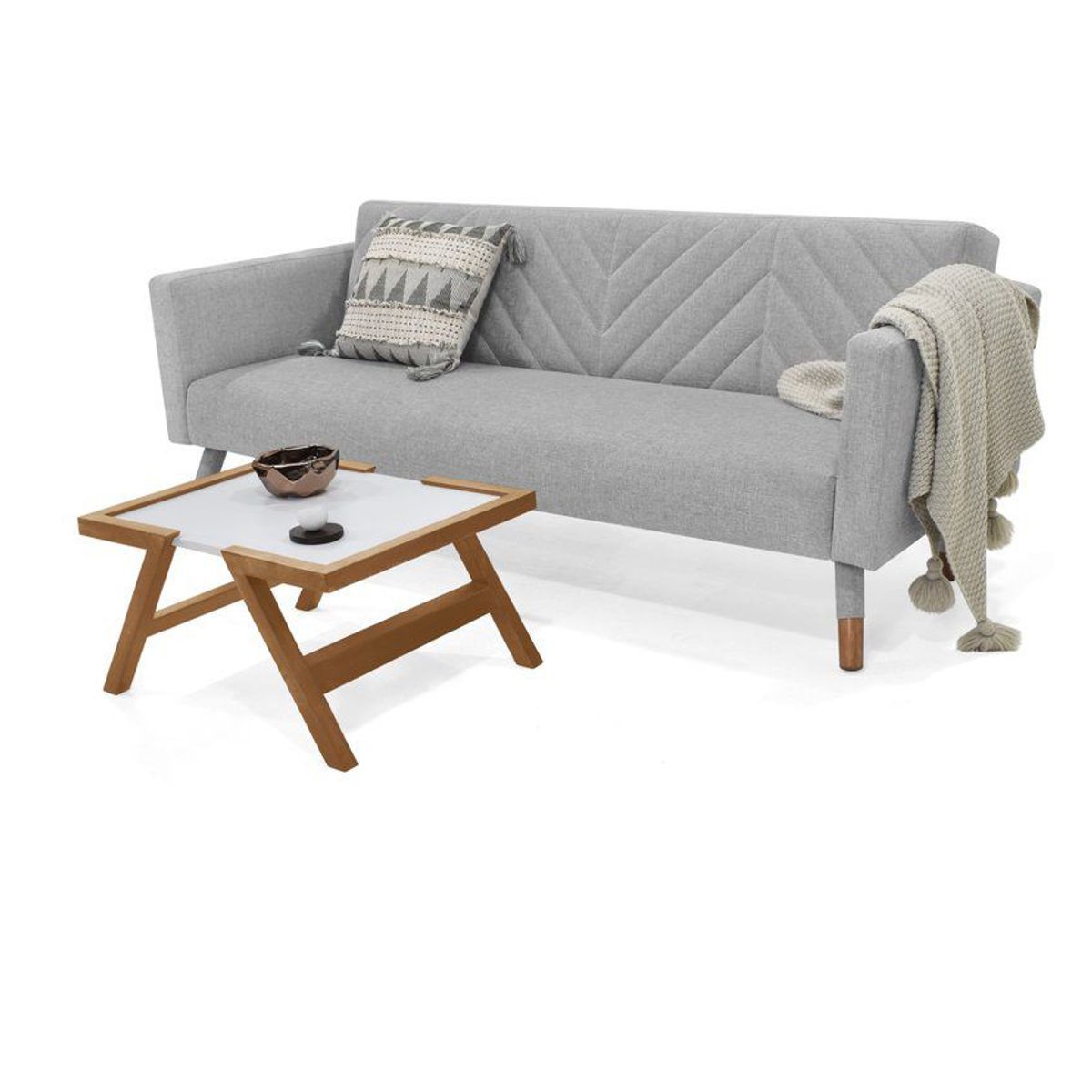 VENECIA - Sofá Cama Artemisa en Tela Plata y Mesa de Centro Dakota