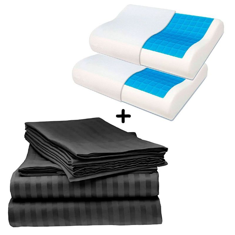 ZHOPI CO - Sabanas Cama Doble Negro Lujo Mas 2 Almohadas Ortopedica Gel.