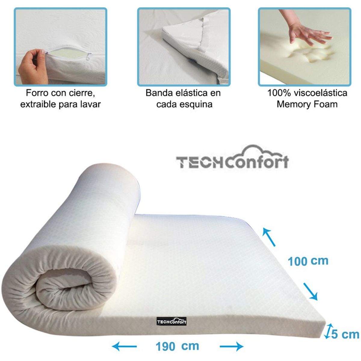 TECHCONFORT - Sobrecolchon topper en viscoelástica memory foam 100x190 sencillo