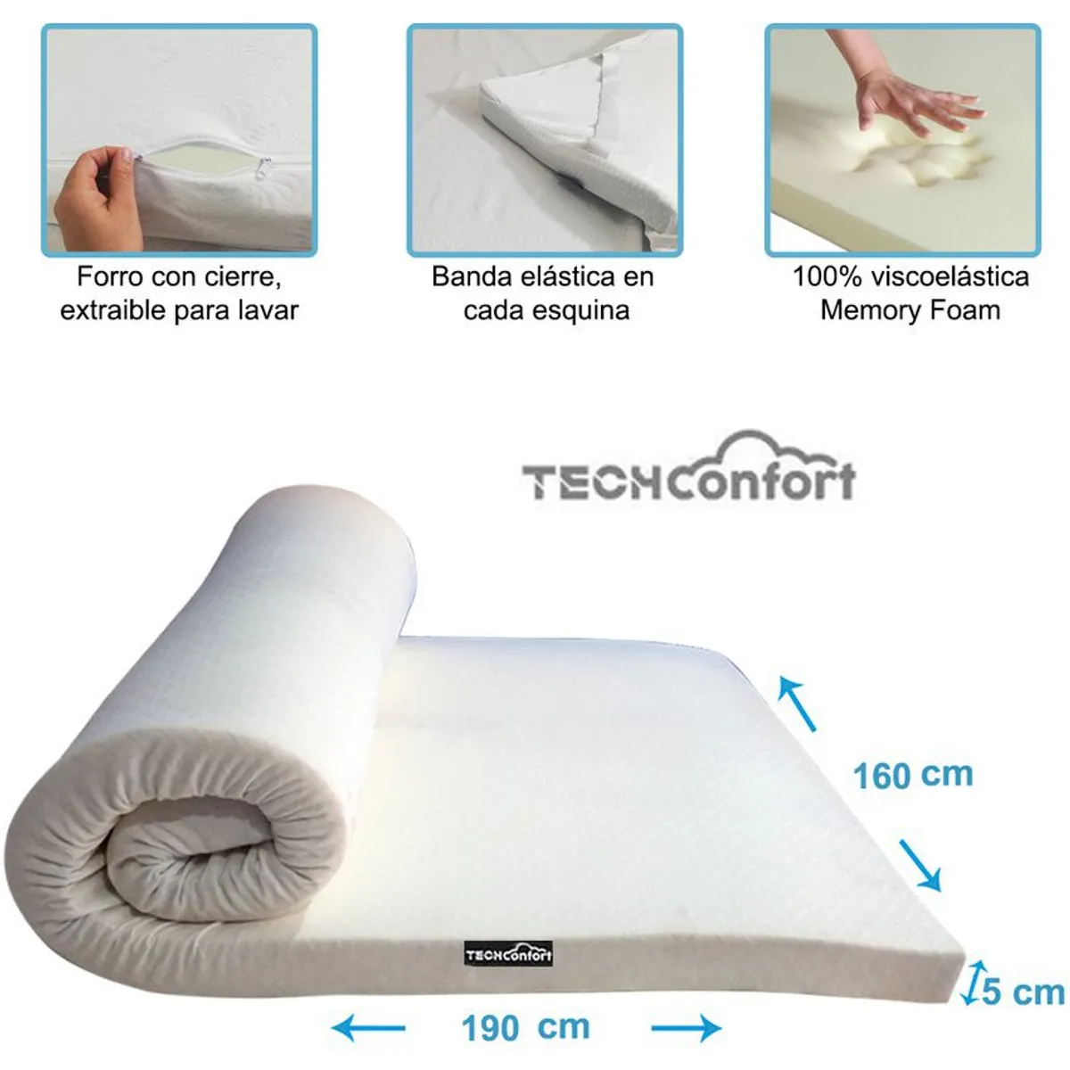 TECHCONFORT - Sobrecolchon topper en viscoelástica memory foam 160x190 Queen