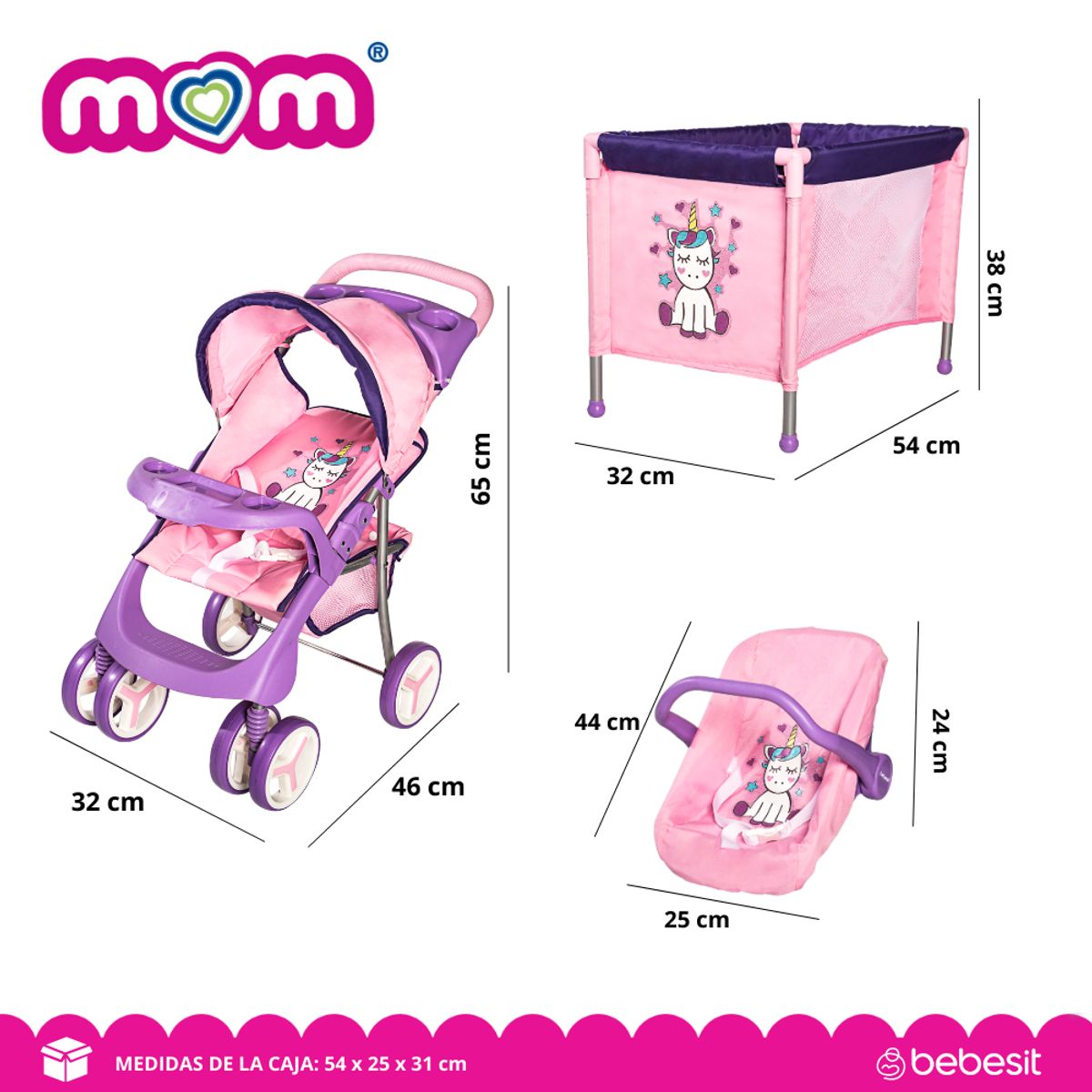 BEBESIT - Coche Muñecas kit Cuna Portabebé Rosa Jugues Niñas