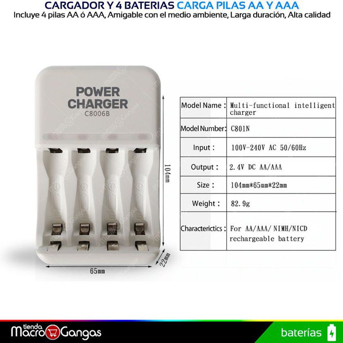 GENERICO - Cargador para pilas baterías recargables aa aaa sin pilas