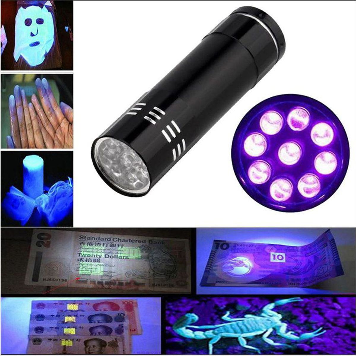 GENERAL - Linterna luz ultravioleta uv 9 led luz negra billetes falsos