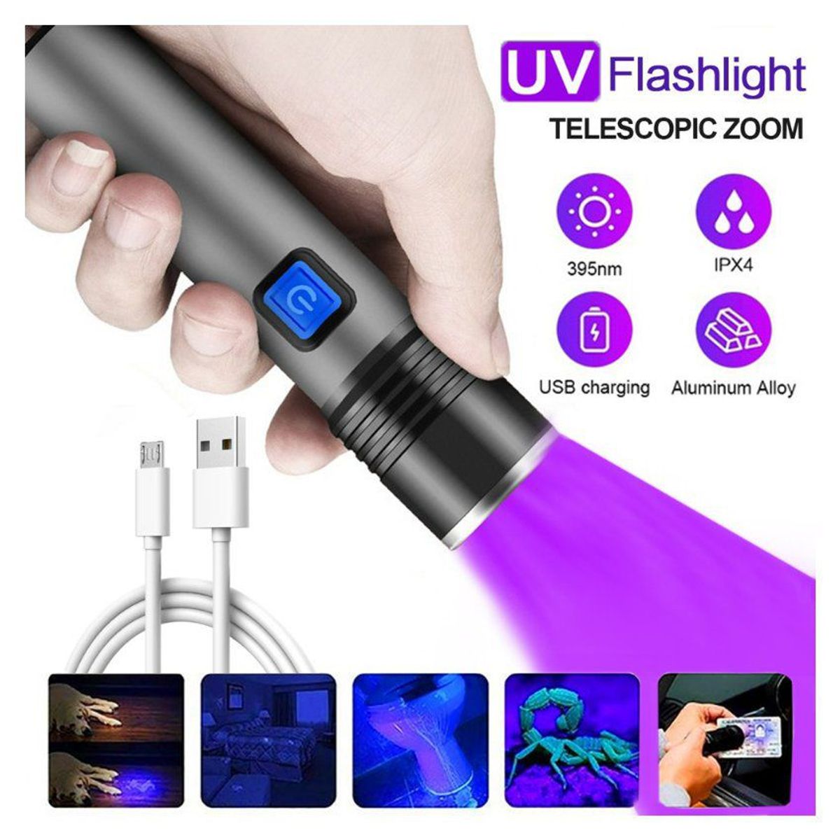 GENERICO - Linterna ultravioleta uv 365nm recargable led billete falso